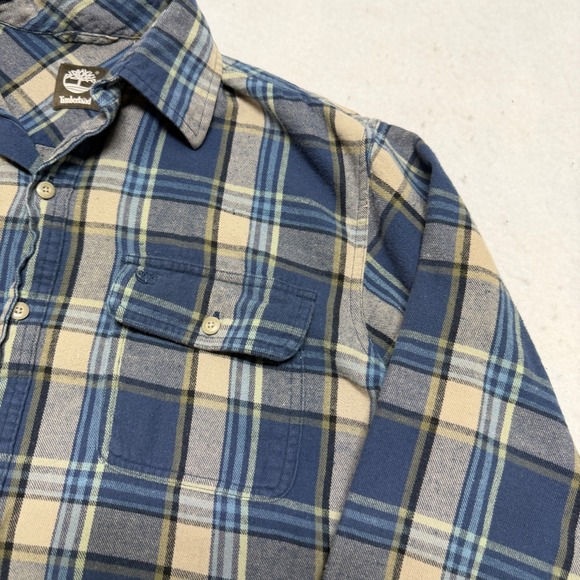 Timberland Men's Medium Flannel Shirt Blue / Beige Plaid 100% Cotton Workwear - Picture 5 of 16